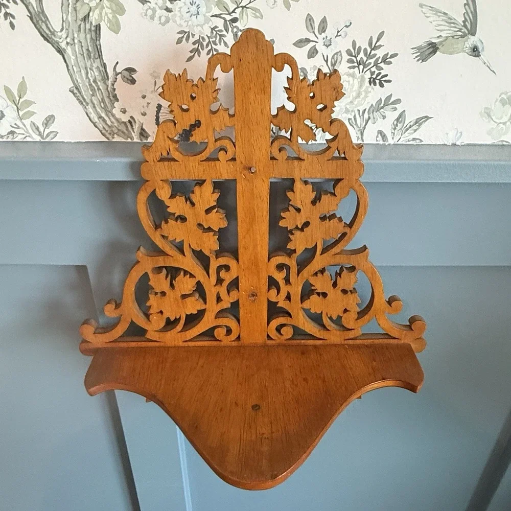 Vintage Hand Carved Wood Wall Shelf Ornate Scrollwork Cottagecore Cross